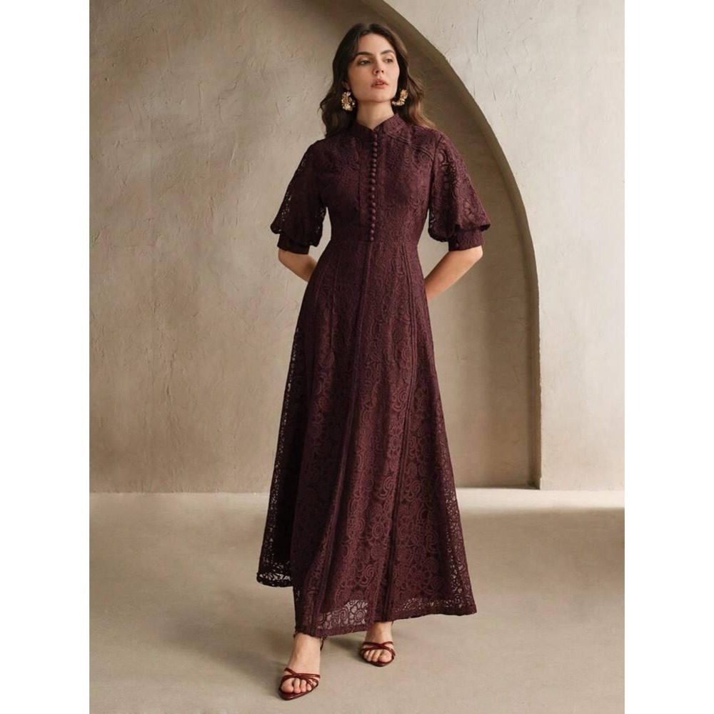 ANewsta NWT Women's Burgundy Lace Mock Neck Puff Sleeve Maxi Dress‎ Size L